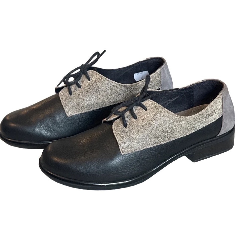 Naot‎ Kedma Black Metallic Grey Leather Oxford Shoes Aura Collection 39 Womens